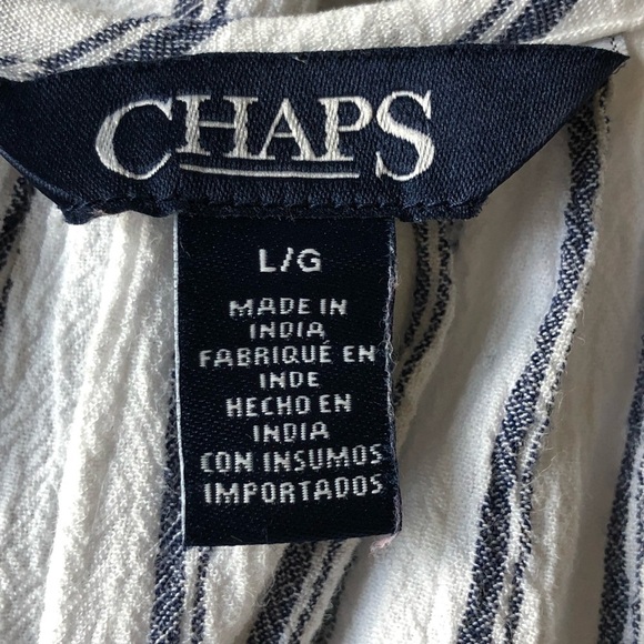 Chaps Ruffled Short Sleeve Peasant Blouse Blue White Striped Large - Picture 8 of 11